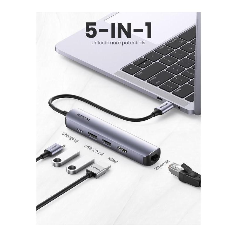 USB-C zu 2x USB-A 3.0 + HDMI + Ethernet + USB-C PD Hub - Grau