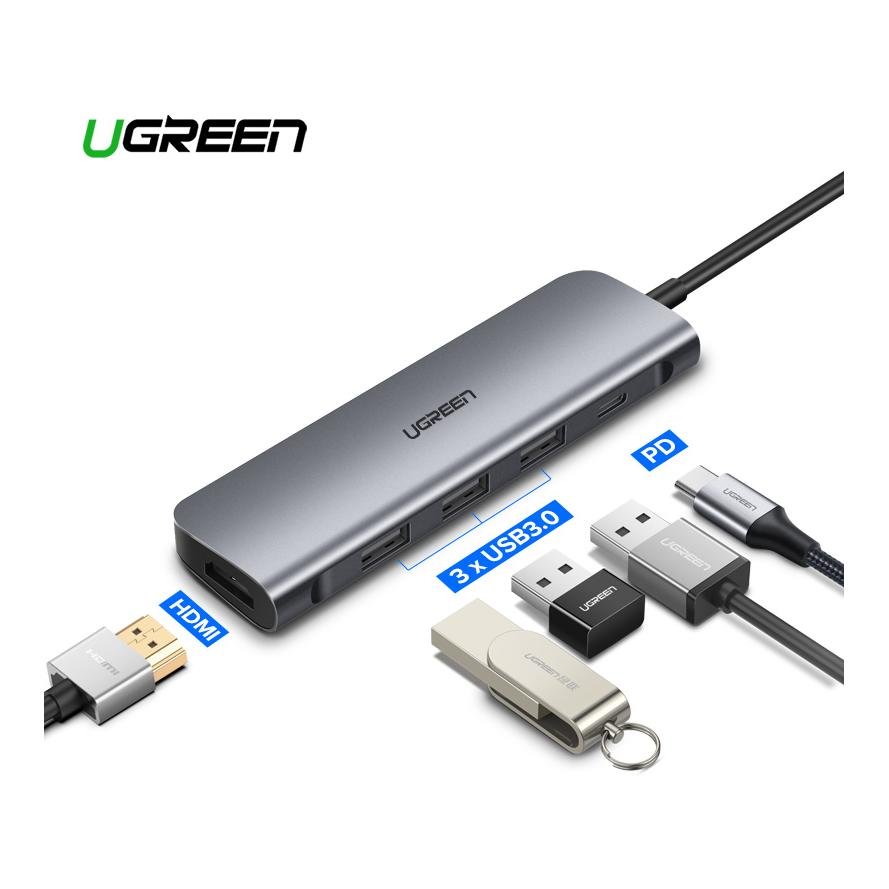 Ugreen USB-C zu HDMI + 3x USB-A 3.0 + 3.5mm Klinke + USB-C PD Hub - Grau