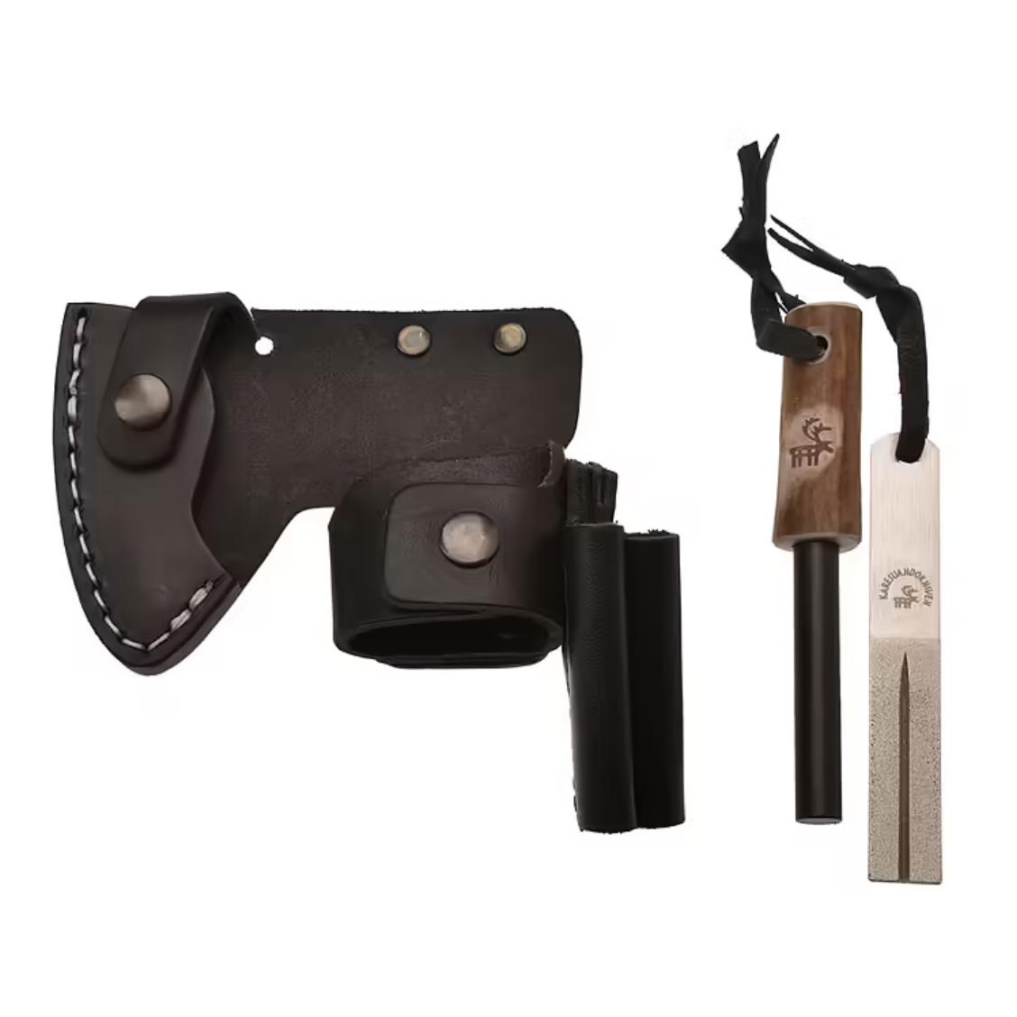 Metsämies Hätä - High Carbon - Bushcraft Axt mit Diamantschleifstein, Feuerstahl und Lederscheide