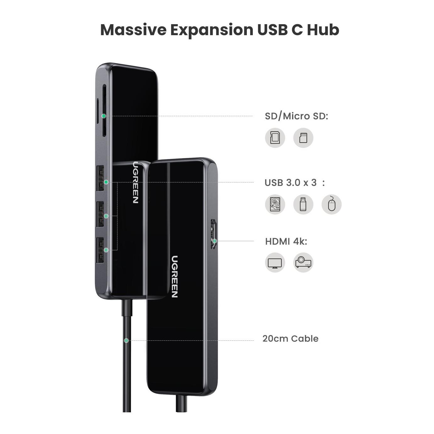 USB-C zu HDMI + 3x USB-A 3.0 + SD / TF Hub - Grau